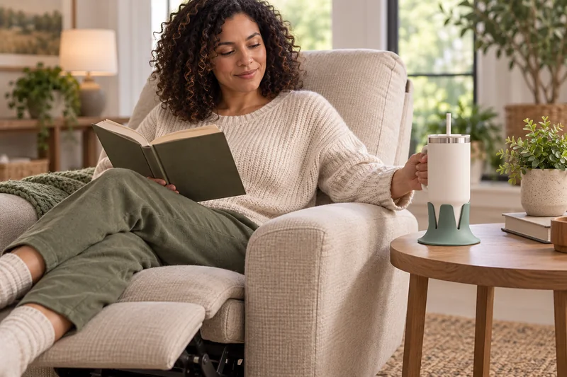Adult reading in recliner water on separate wide side table outside chair mechanism and footrest travel. AI lifestyle illustration.