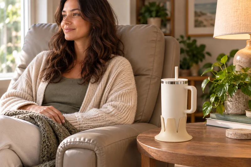 Morning recliner nook adult seated upright coffee on broad fixed side table clear of controls. AI lifestyle illustration.