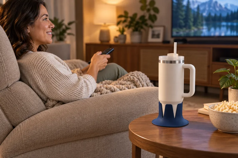 Adult watching television from recliner straw tumbler at easy reach on stationary side table no armrest placement. AI lifestyle illustration.