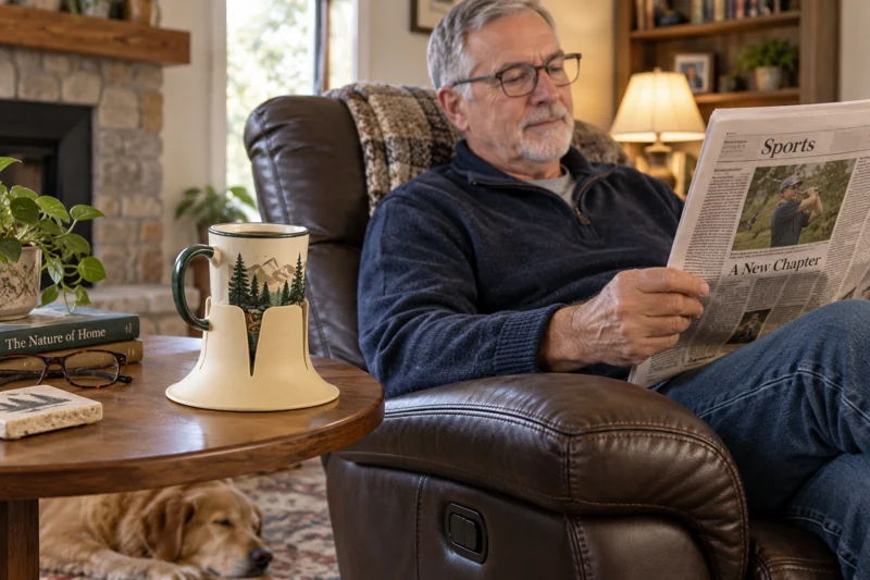 Adult sitting in favorite recliner reading newspaper with open high-handled coffee mug in Steadi on independent broad level side table comfortably reached from normal chair position. AI illustration.