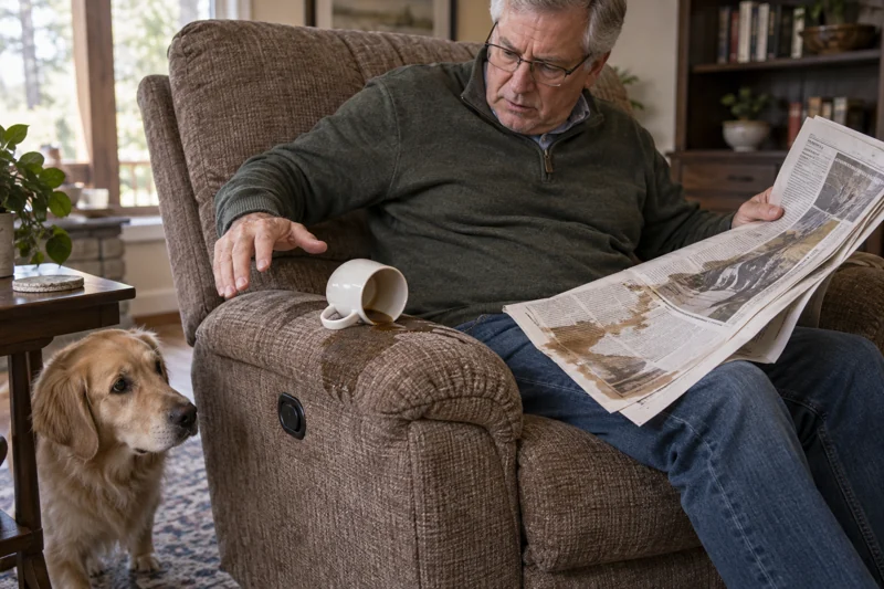 Reaching for recliner control catches coffee; it wets arm upholstery and paper. AI illustration.